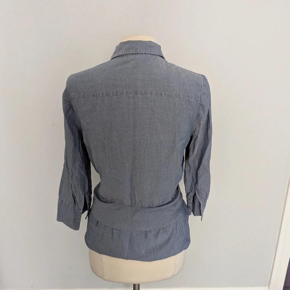 Women's L'Agence Colette Blouse Top Medium Tie Waist Denim Blue - Picture 3 of 10